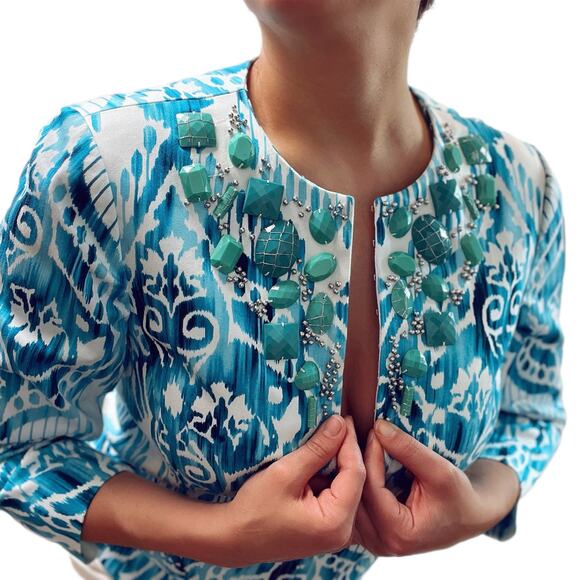 Peck & Peck Vintage Watercolor Print Embellished Jacket/6 - Picture 1 of 8